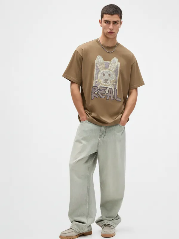 Highlander Men Khaki Printed Round Neck Oversized Fit T-Shirt