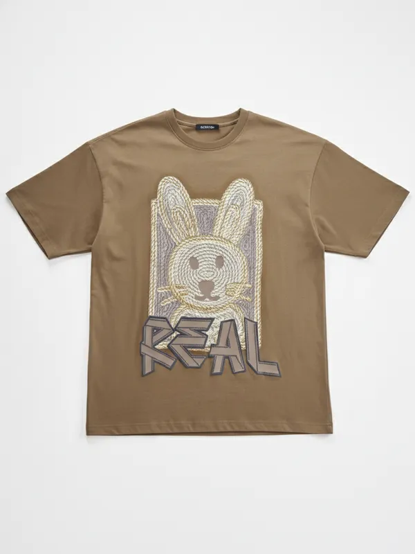 Highlander Men Khaki Printed Round Neck Oversized Fit T-Shirt