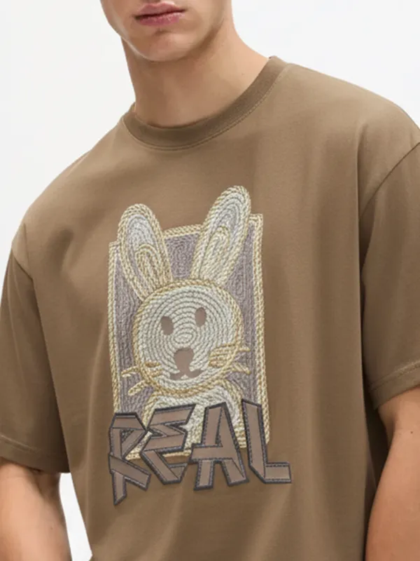 Highlander Men Khaki Printed Round Neck Oversized Fit T-Shirt