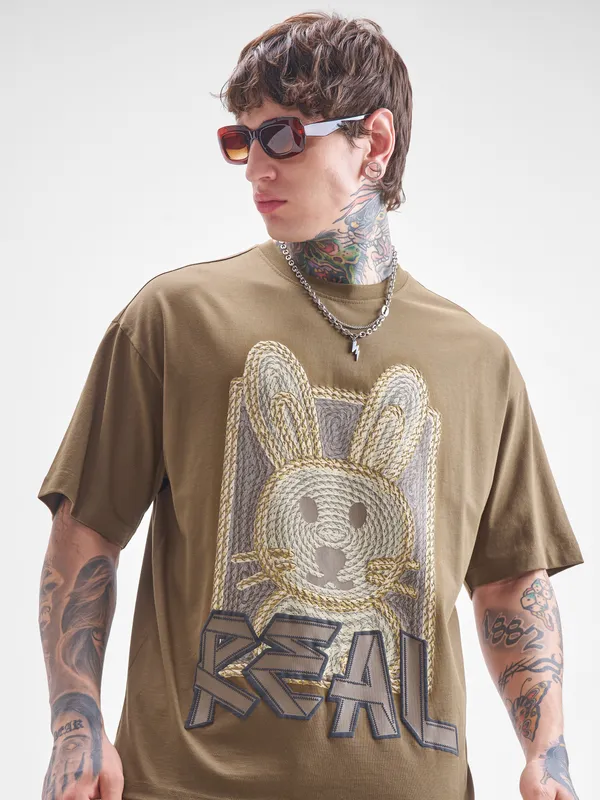 Highlander Men Khaki Printed Round Neck Oversized Fit T-Shirt