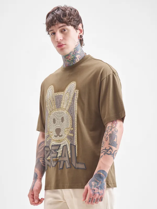 Highlander Men Khaki Printed Round Neck Oversized Fit T-Shirt