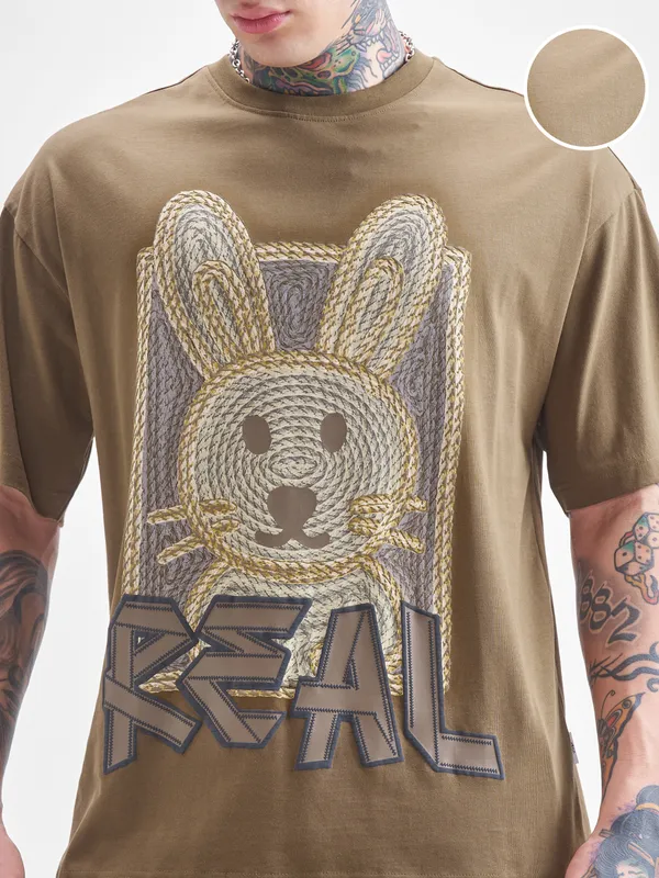 Highlander Men Khaki Printed Round Neck Oversized Fit T-Shirt