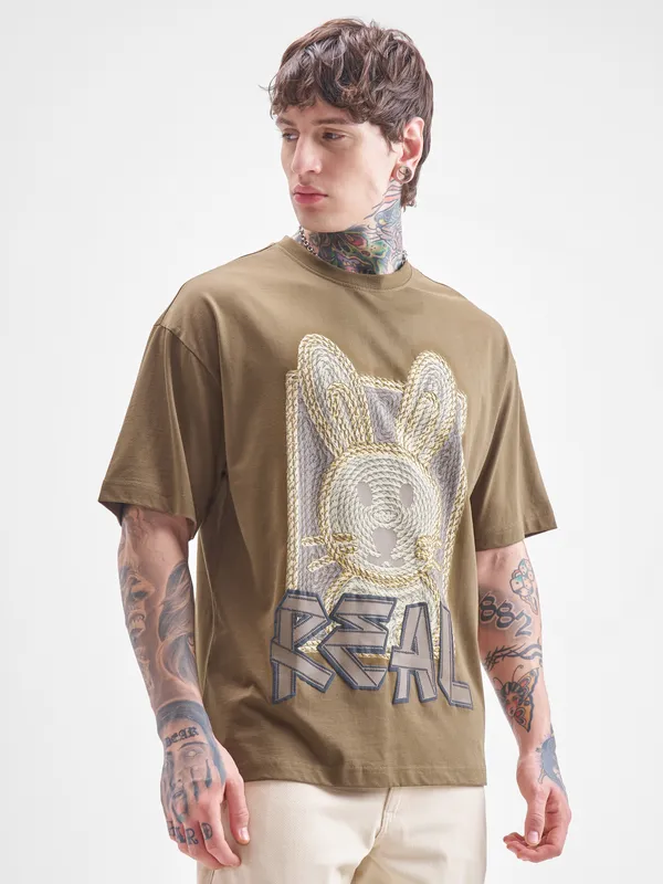 Highlander Men Khaki Printed Round Neck Oversized Fit T-Shirt