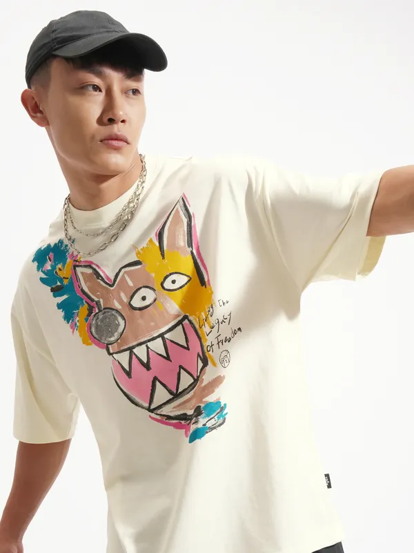 Highlander Men Cream Printed Round Neck Oversized Fit T-Shirt