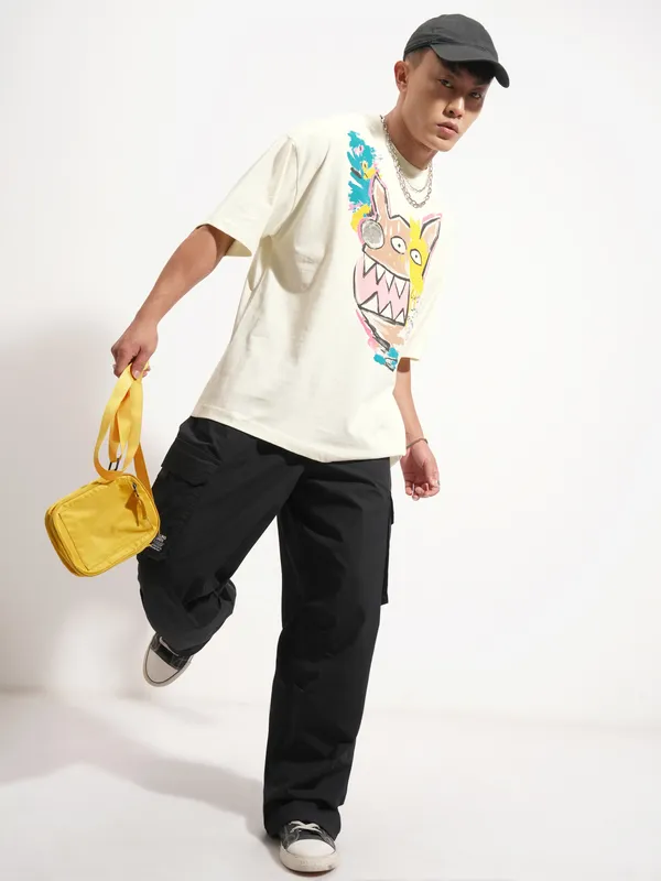 Highlander Men Cream Printed Round Neck Oversized Fit T-Shirt