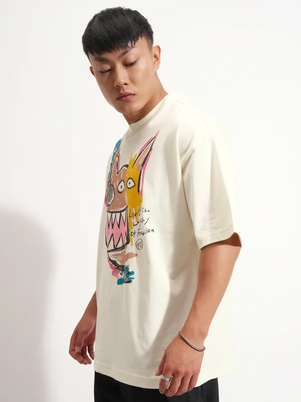 Highlander Men Cream Printed Round Neck Oversized Fit T-Shirt