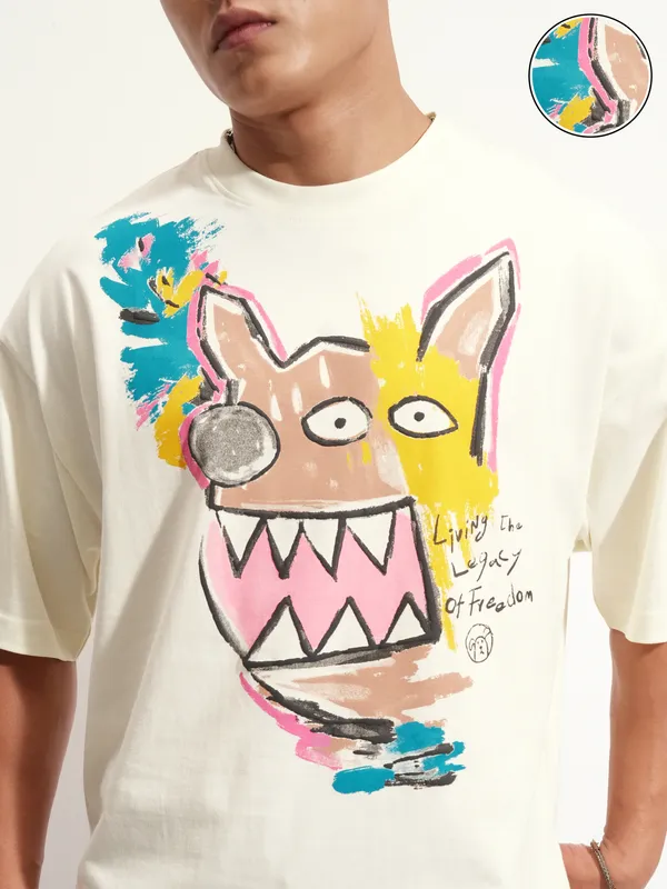 Highlander Men Cream Printed Round Neck Oversized Fit T-Shirt