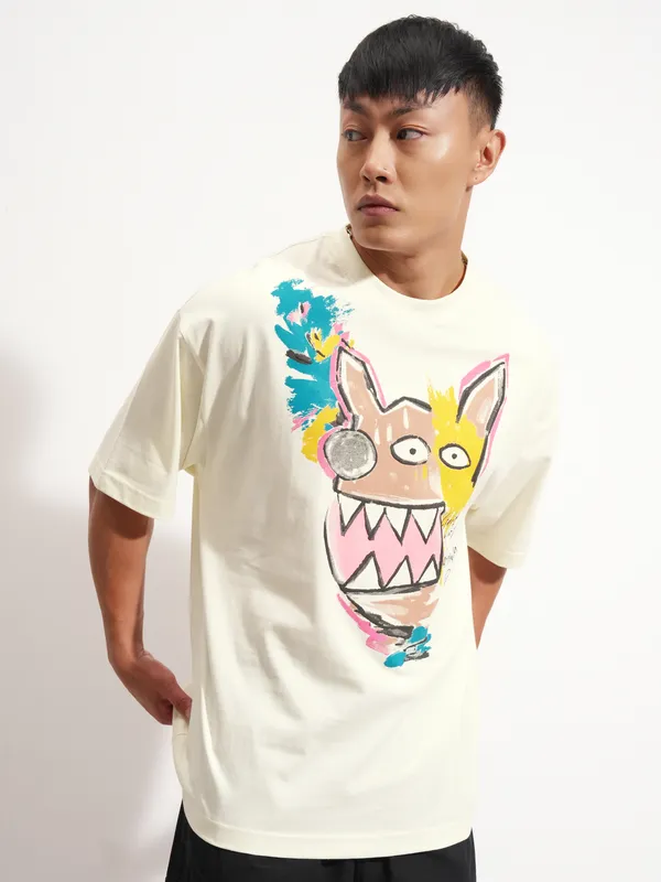Highlander Men Cream Printed Round Neck Oversized Fit T-Shirt