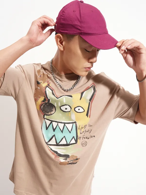 Highlander Men Tan Printed Round Neck Oversized Fit T-Shirt