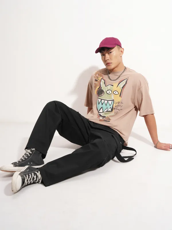Highlander Men Tan Printed Round Neck Oversized Fit T-Shirt