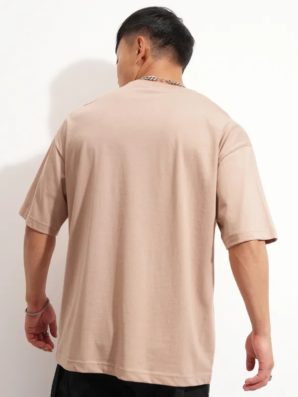 Highlander Men Tan Printed Round Neck Oversized Fit T-Shirt