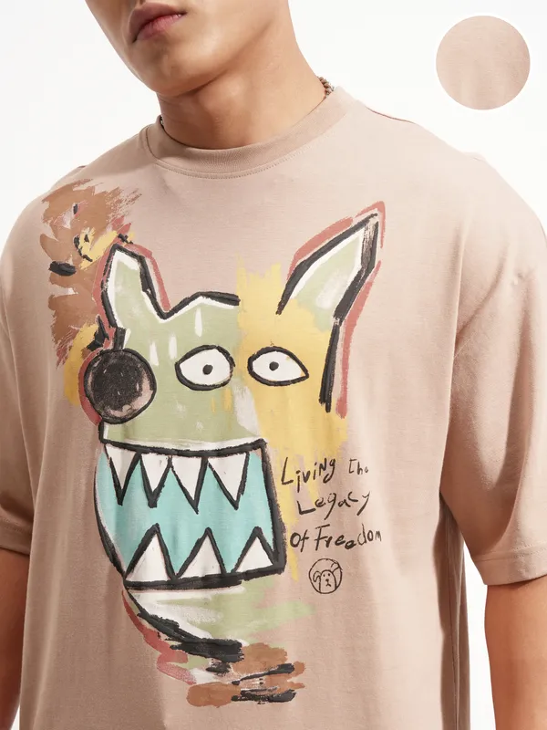 Highlander Men Tan Printed Round Neck Oversized Fit T-Shirt