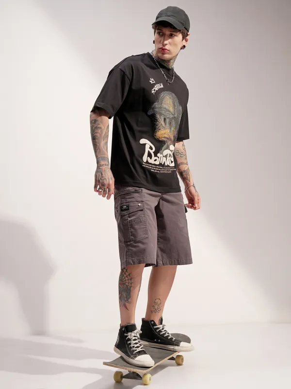 Highlander Men Black Printed Round Neck Oversized Fit T-Shirt