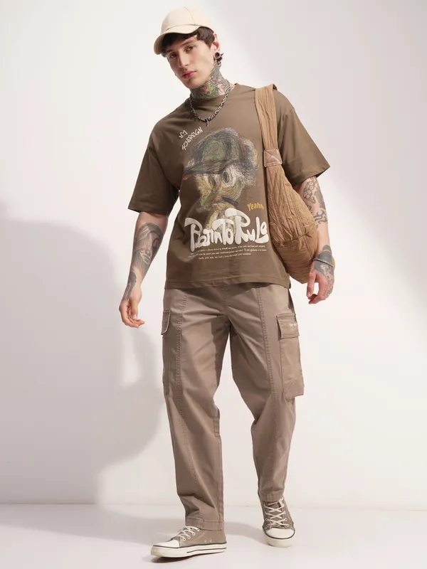 Highlander Men Khaki Printed Round Neck Oversized Fit T-Shirt
