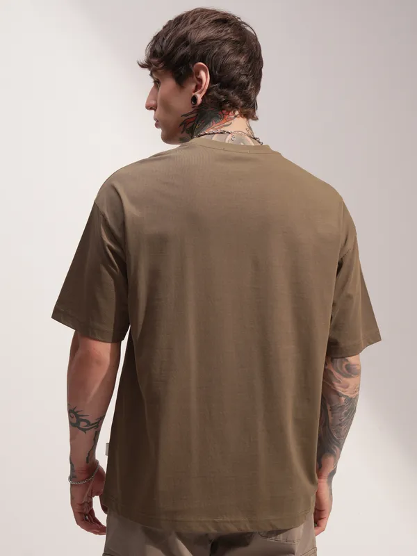 Highlander Men Khaki Printed Round Neck Oversized Fit T-Shirt