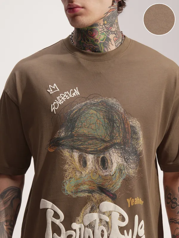 Highlander Men Khaki Printed Round Neck Oversized Fit T-Shirt