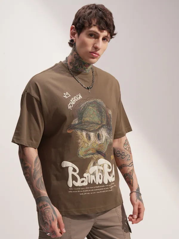 Highlander Men Khaki Printed Round Neck Oversized Fit T-Shirt