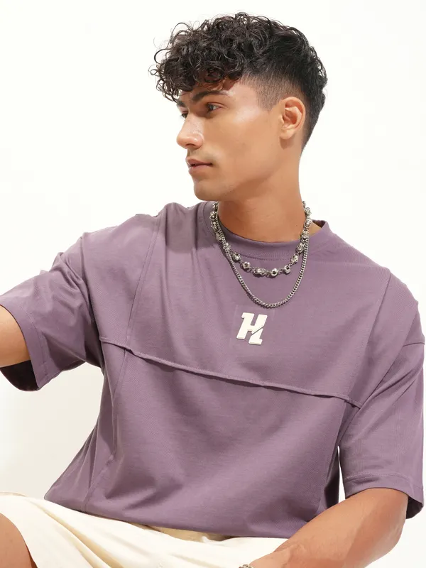 Highlander Men Lavender Printed Round Neck Oversized Fit T-Shirt