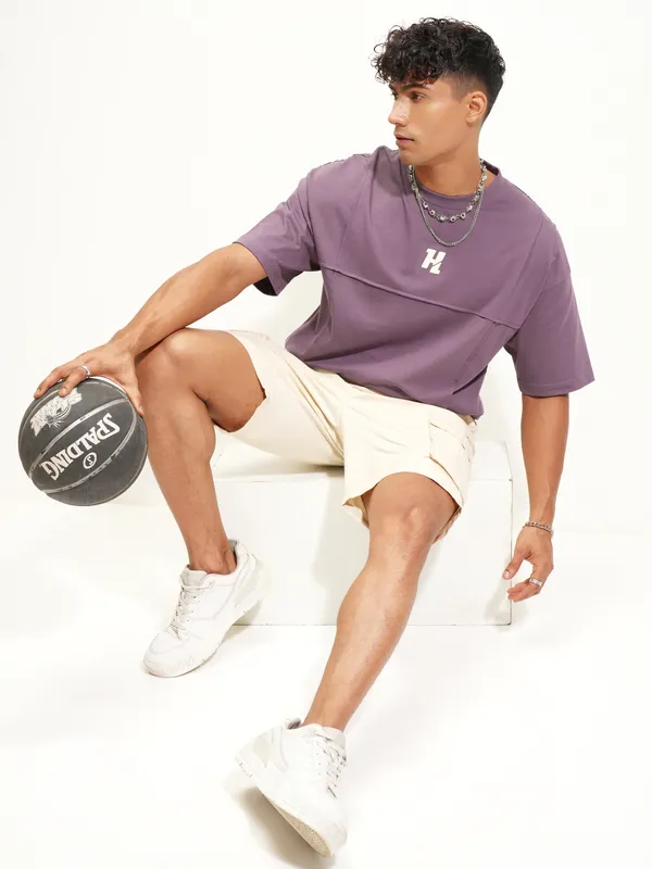 Highlander Men Lavender Printed Round Neck Oversized Fit T-Shirt