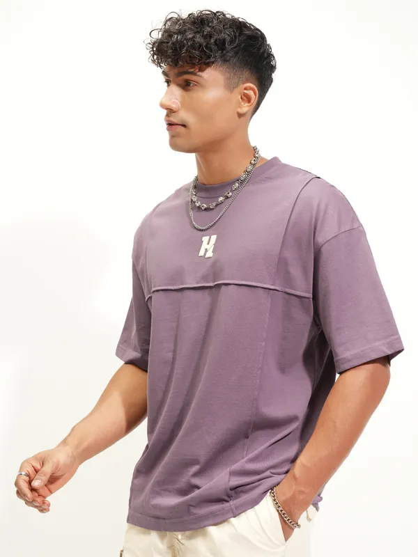 Highlander Men Lavender Printed Round Neck Oversized Fit T-Shirt