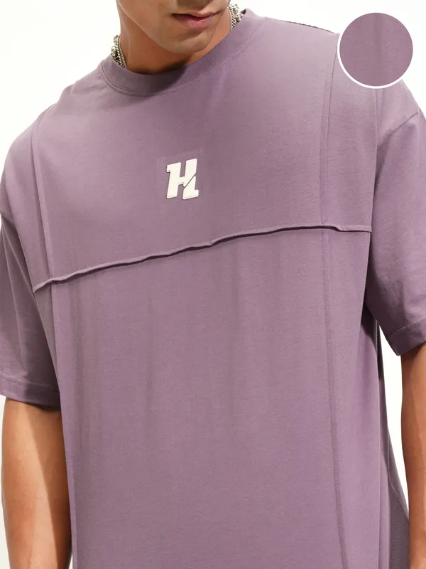 Highlander Men Lavender Printed Round Neck Oversized Fit T-Shirt
