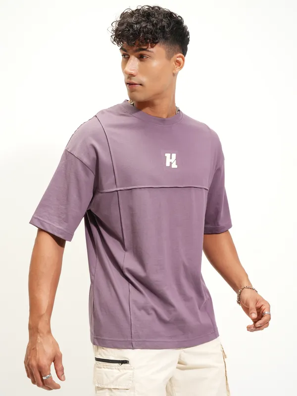 Highlander Men Lavender Printed Round Neck Oversized Fit T-Shirt