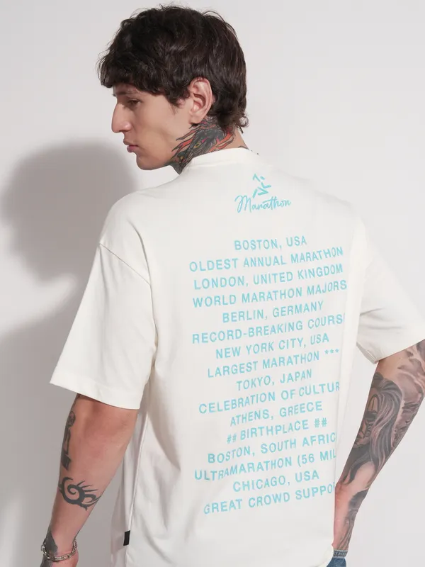 Highlander Men Off White Printed Round Neck Oversized Fit T-Shirt