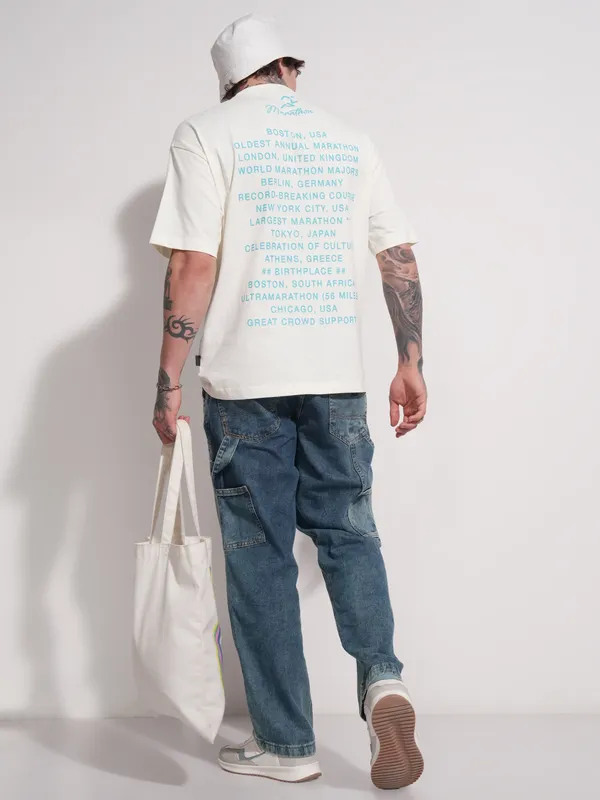 Highlander Men Off White Printed Round Neck Oversized Fit T-Shirt