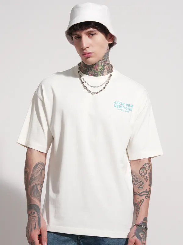 Highlander Men Off White Printed Round Neck Oversized Fit T-Shirt