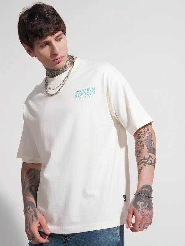 Highlander Men Off White Printed Round Neck Oversized Fit T-Shirt