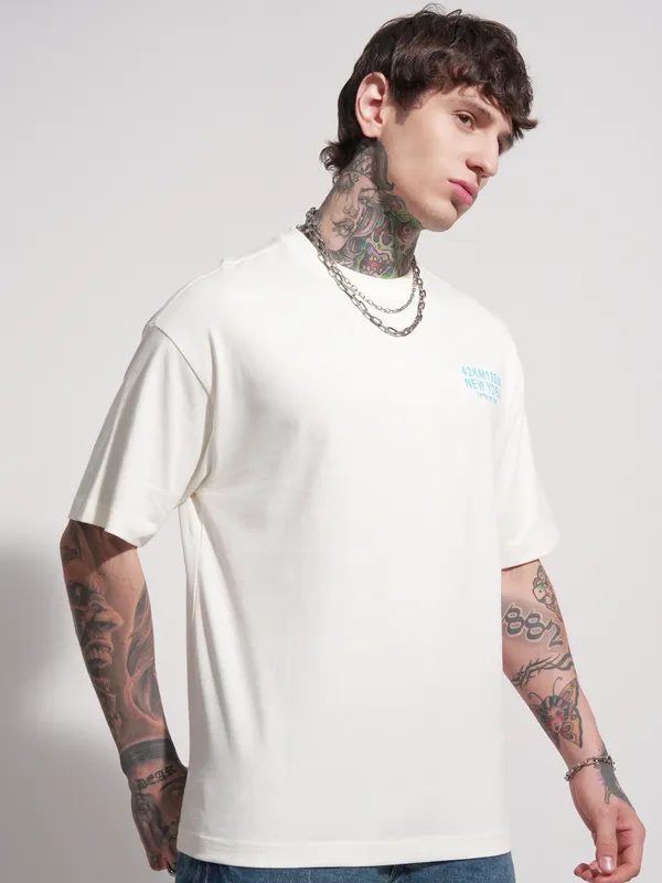 Highlander Men Off White Printed Round Neck Oversized Fit T-Shirt
