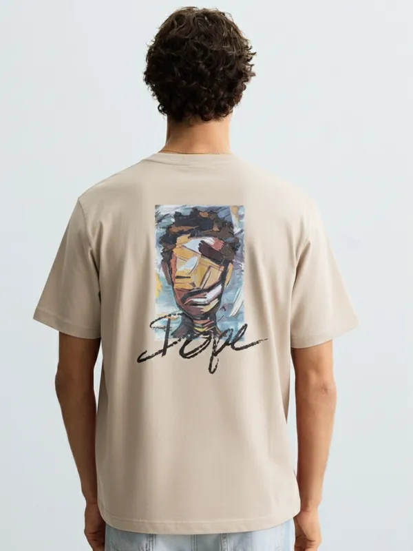 Highlander Men Beige Printed Round Neck Oversized Fit T-Shirt