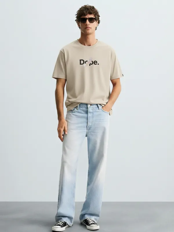 Highlander Men Beige Printed Round Neck Oversized Fit T-Shirt