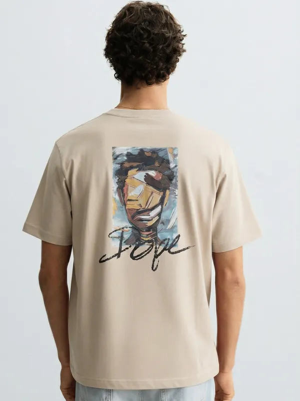 Highlander Men Beige Printed Round Neck Oversized Fit T-Shirt