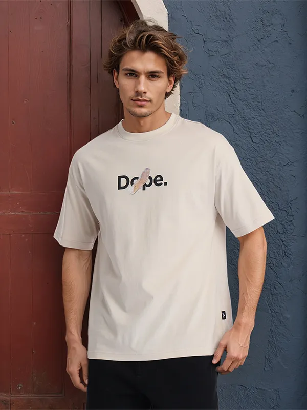 Highlander Men Beige Printed Round Neck Oversized Fit T-Shirt