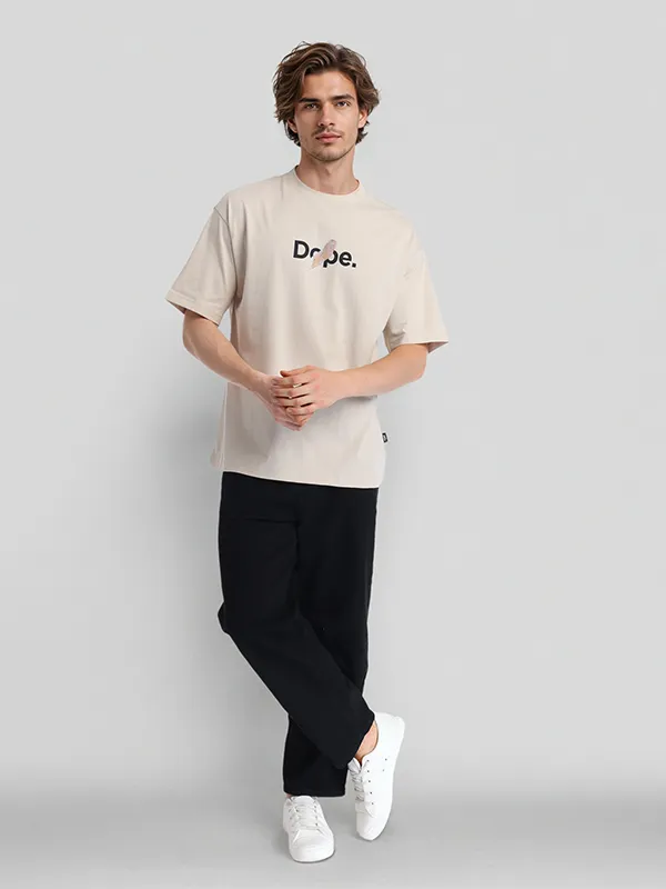 Highlander Men Beige Printed Round Neck Oversized Fit T-Shirt