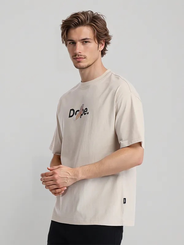 Highlander Men Beige Printed Round Neck Oversized Fit T-Shirt