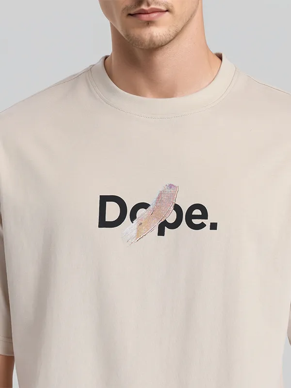 Highlander Men Beige Printed Round Neck Oversized Fit T-Shirt