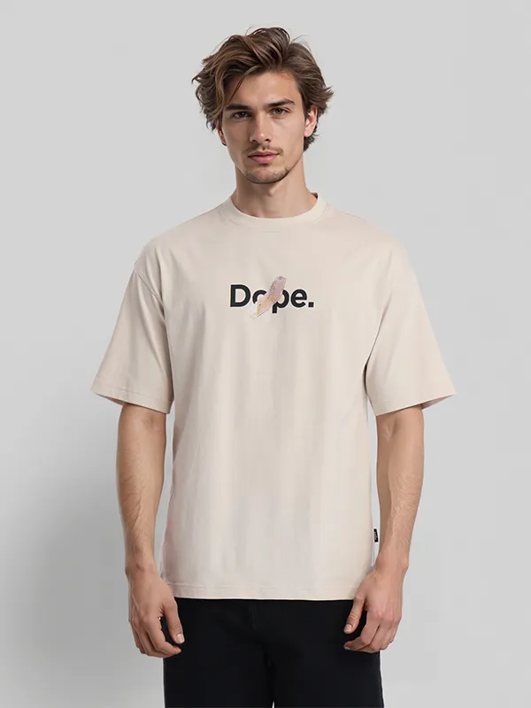 Highlander Men Beige Printed Round Neck Oversized Fit T-Shirt