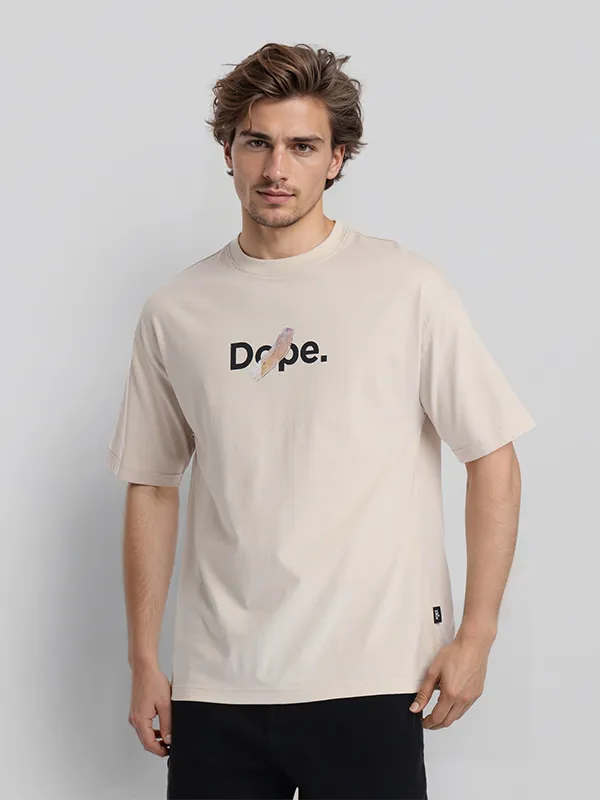 Highlander Men Beige Printed Round Neck Oversized Fit T-Shirt