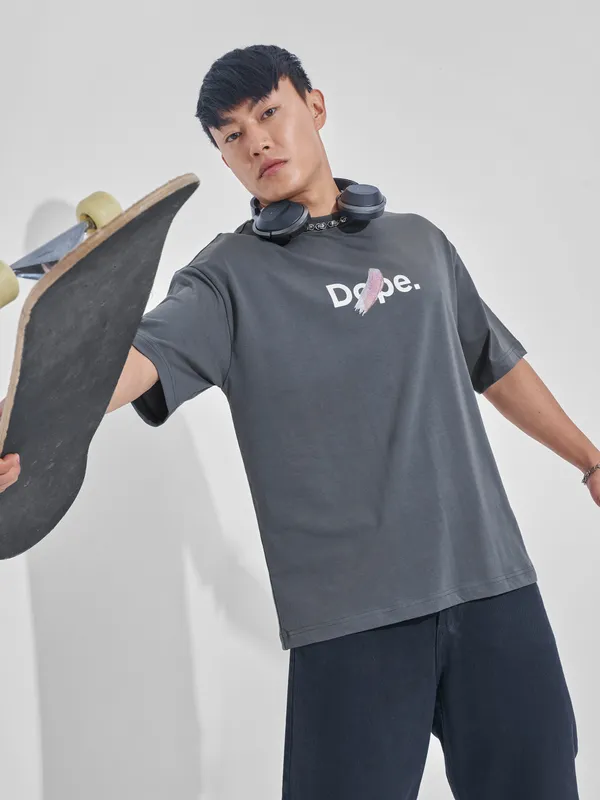 Highlander Men Grey Printed Round Neck Oversized Fit T-Shirt