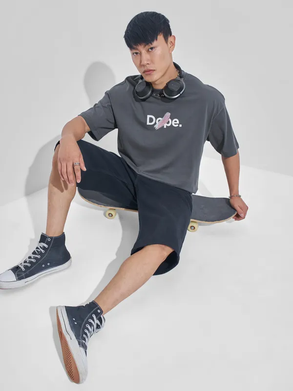 Highlander Men Grey Printed Round Neck Oversized Fit T-Shirt