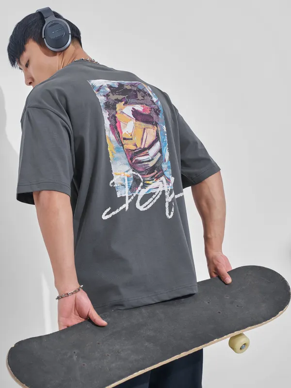 Highlander Men Grey Printed Round Neck Oversized Fit T-Shirt