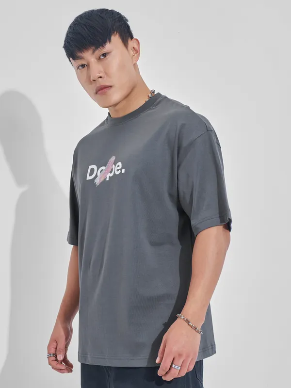 Highlander Men Grey Printed Round Neck Oversized Fit T-Shirt