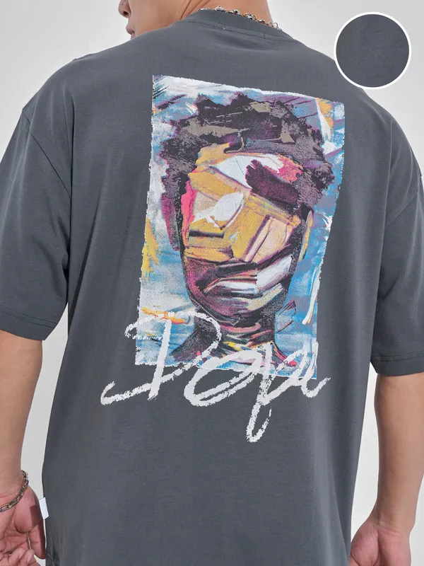Highlander Men Grey Printed Round Neck Oversized Fit T-Shirt