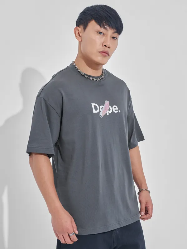 Highlander Men Grey Printed Round Neck Oversized Fit T-Shirt