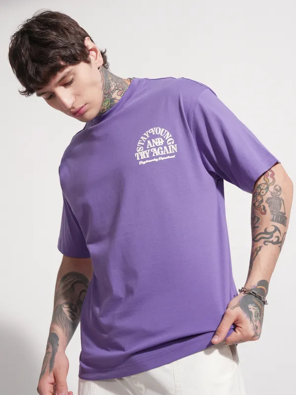 Highlander Men Purple Printed Round Neck T-Shirt