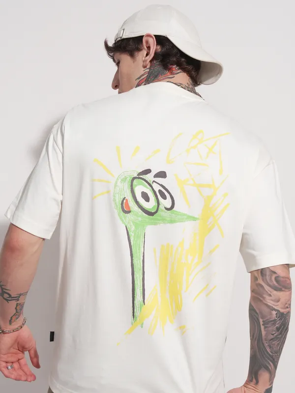 Highlander Men Off White Printed Round Neck Oversized Fit T-Shirt