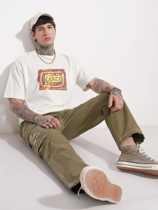 Highlander Men Off White Printed Round Neck Oversized Fit T-Shirt