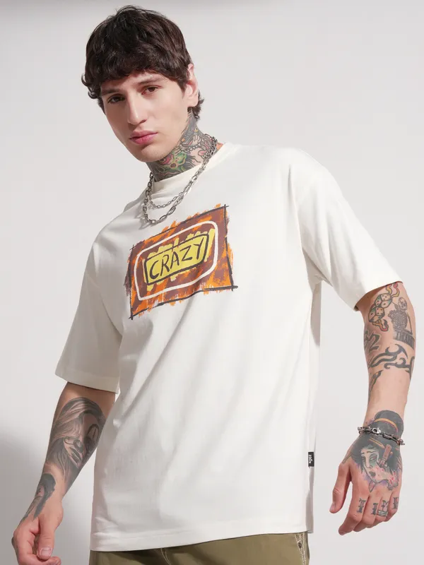 Highlander Men Off White Printed Round Neck Oversized Fit T-Shirt